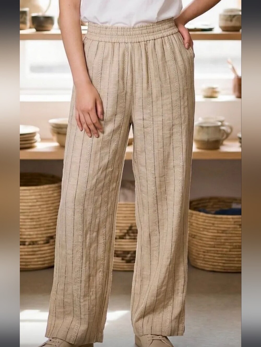 Drew Linen Blend Striped Wife Leg Pants Natural Burlap Color Womens Size XS